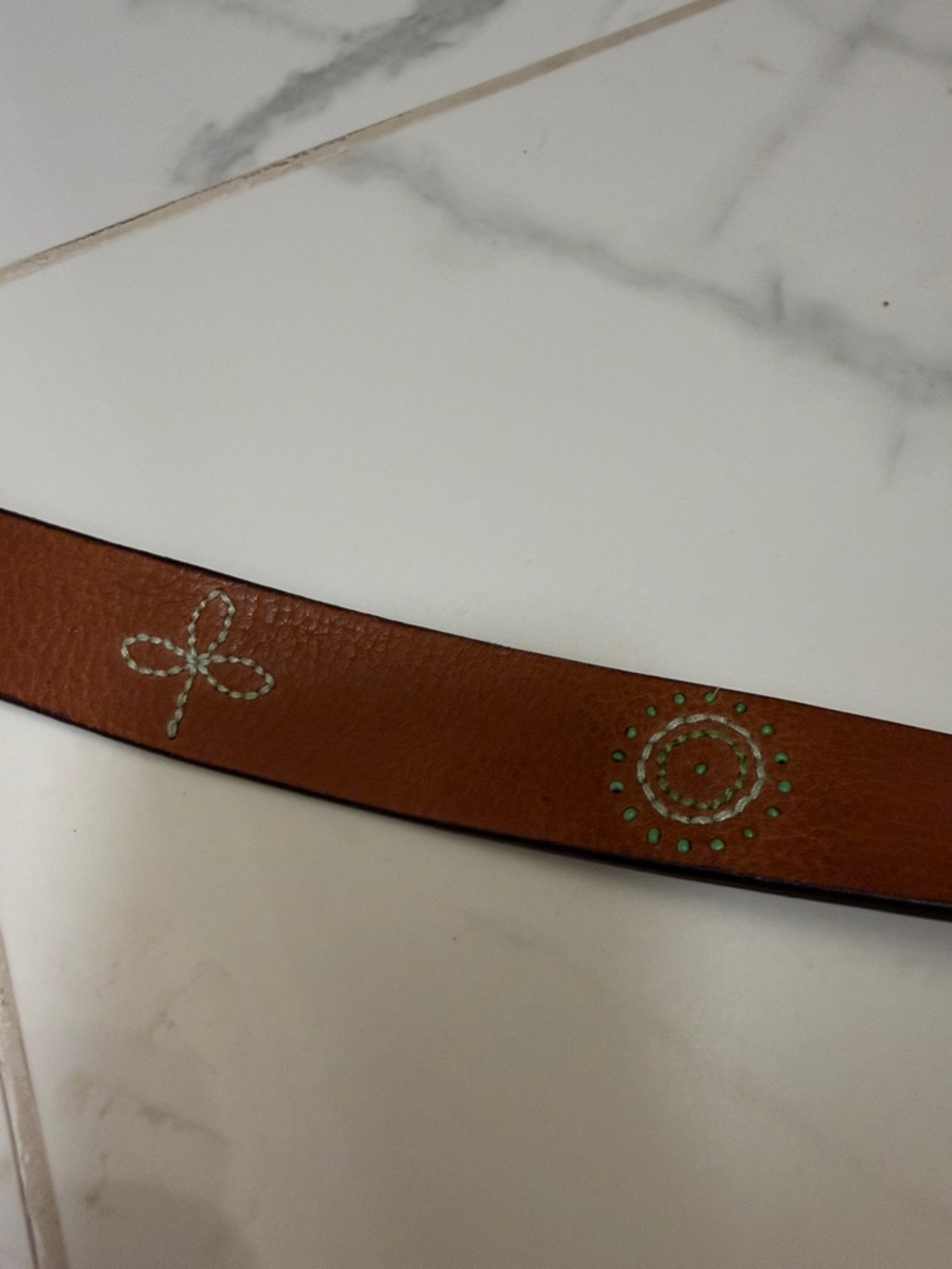 Brown Leather Belt with Embroidered Detail and Brass Buckle - Picture 3 of 6